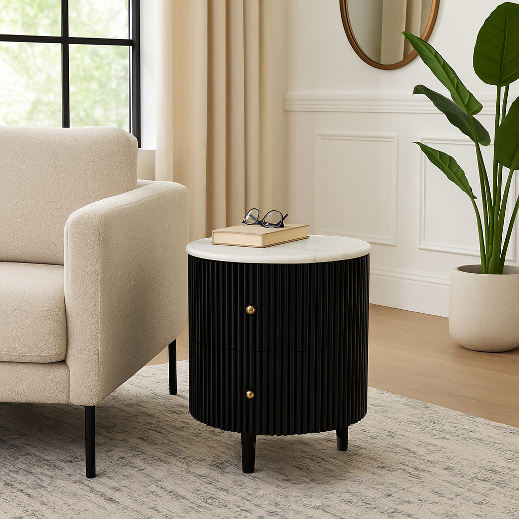 Flumeville White/Black 2-Drawer Side Table with Marble Top