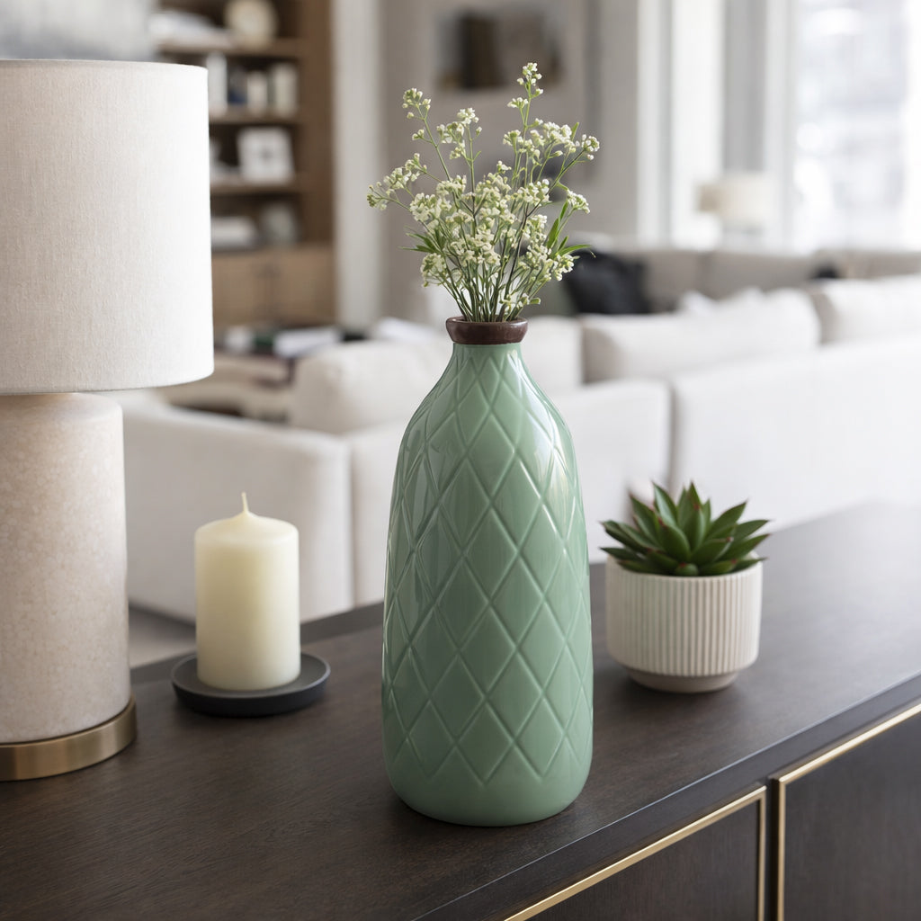 Wellsona Dark Sage Large Ceramic Plaid Textured Vase