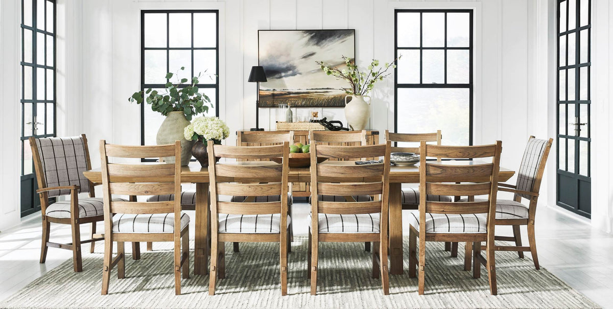 Ridgester Light Brown Extension Dining Table, 2 Arm Chairs and 8 Side Chairs