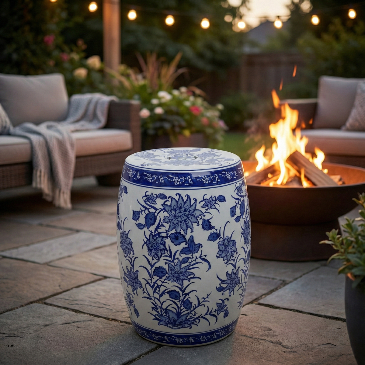 Hunterdale Blue/White Ceramic Pinwheel Flower Chinoiserie Stool