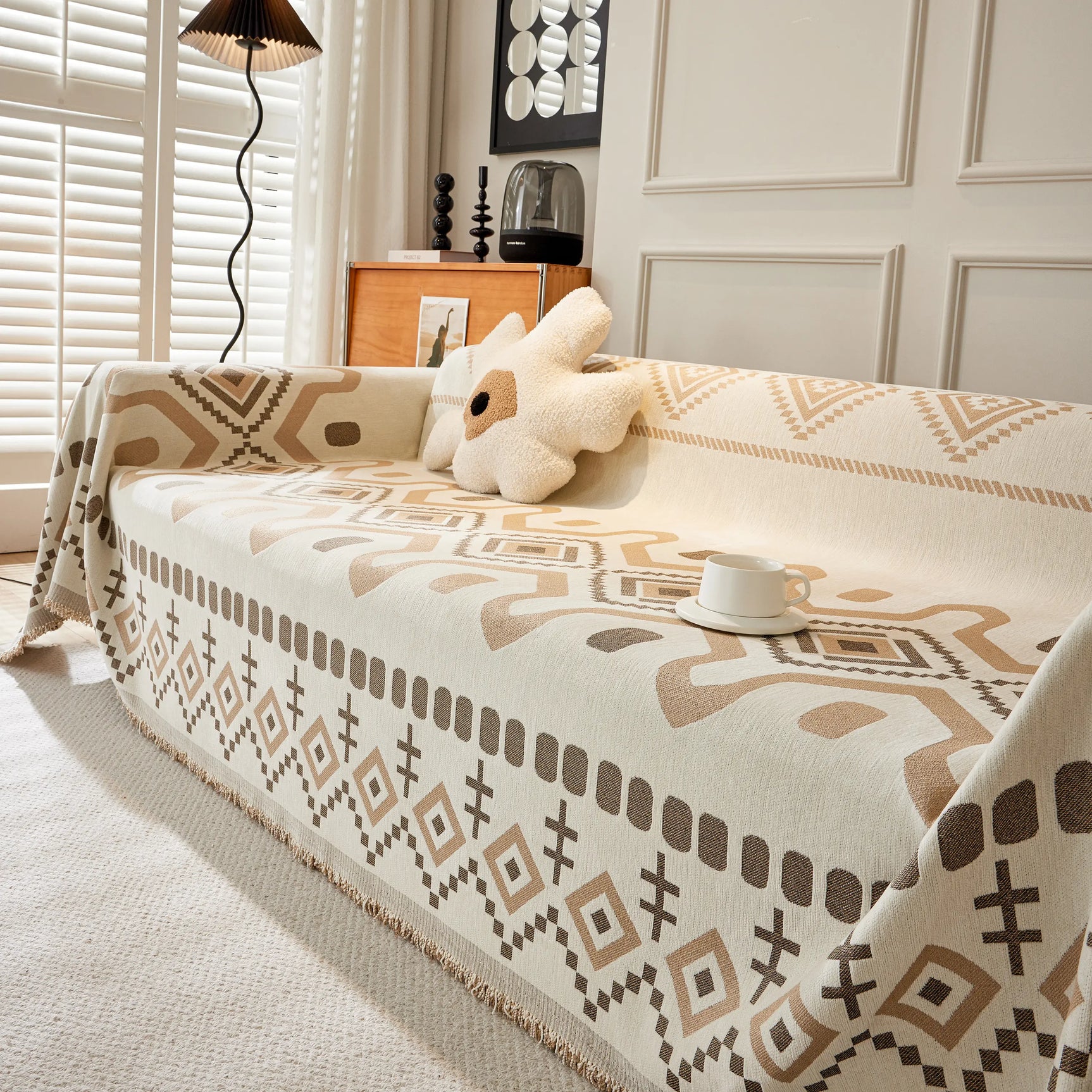 Boho Geometric Chenille Throw Sofa Cover Soft Textured Decorative Couch Blanket