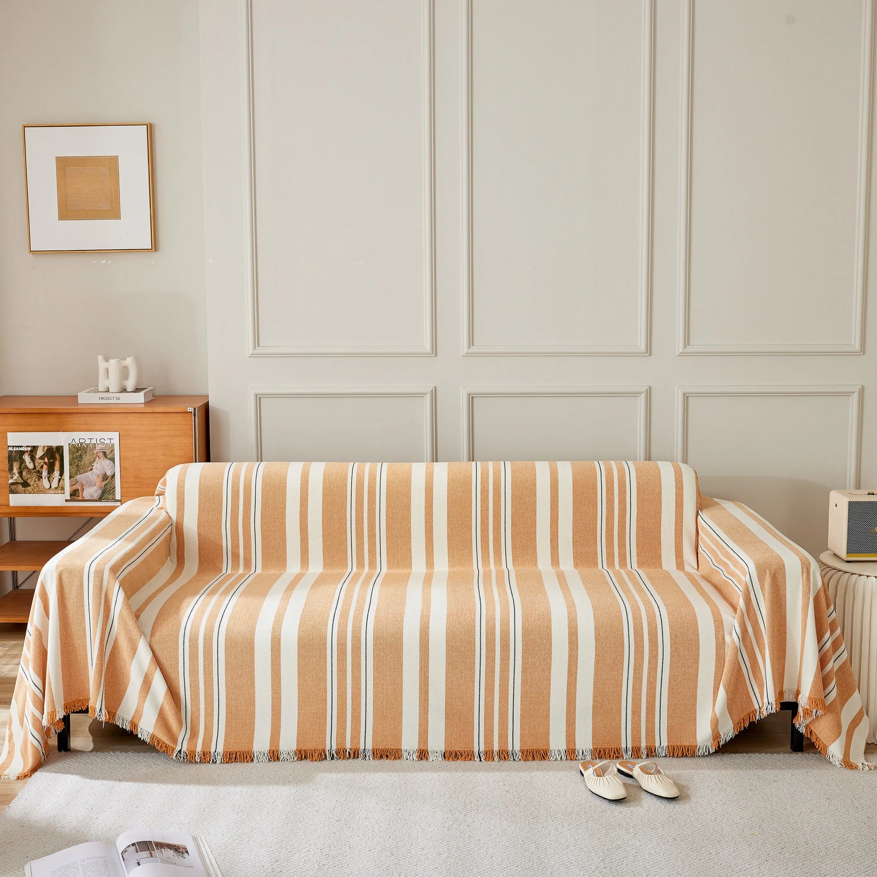 Striped Chenille Sofa Slipcover Throw, Soft Thick Washable Couch Cover Blanket