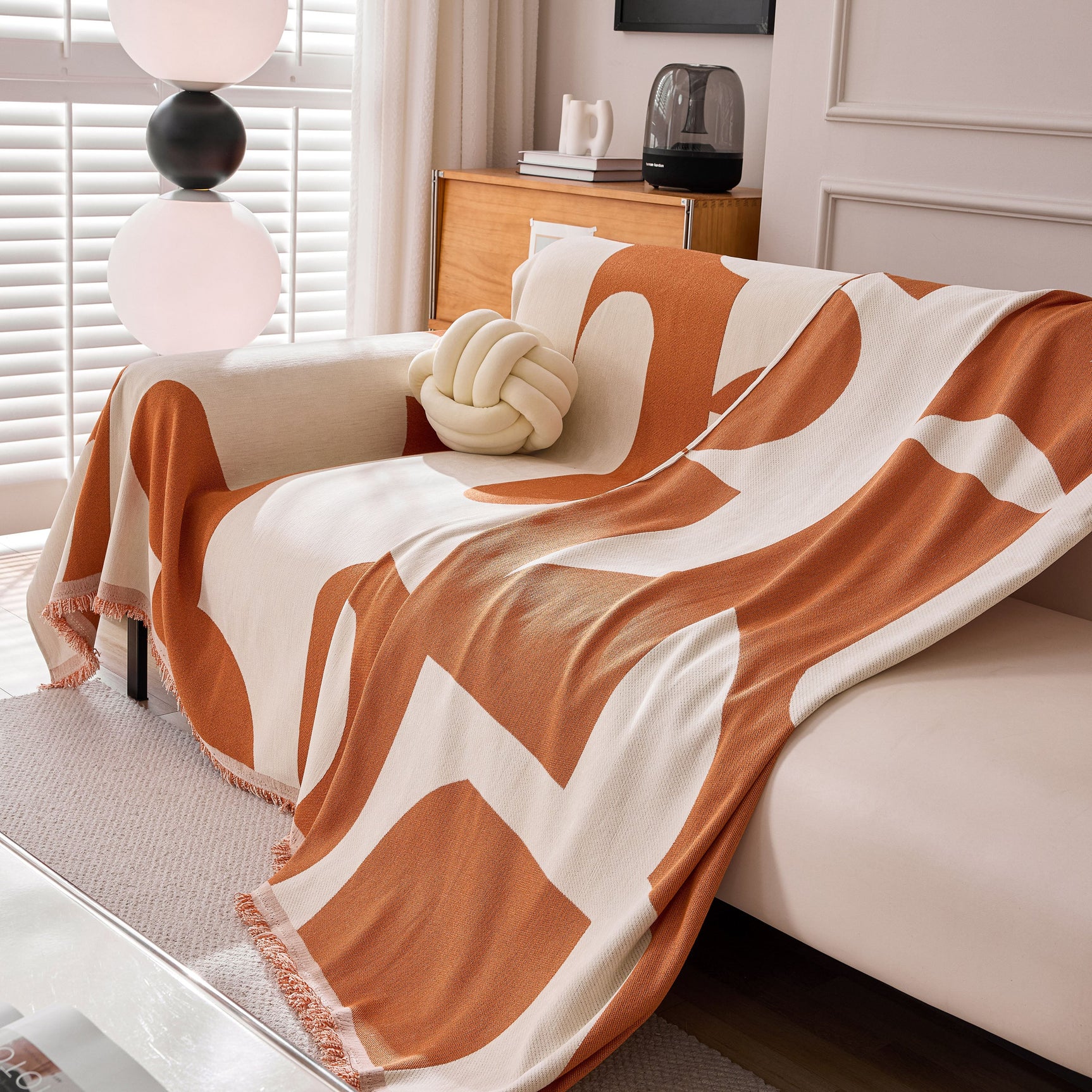 Modern Abstract Chenille Sofa Cover, Large Soft Throw Blanket with Tassels for Couch