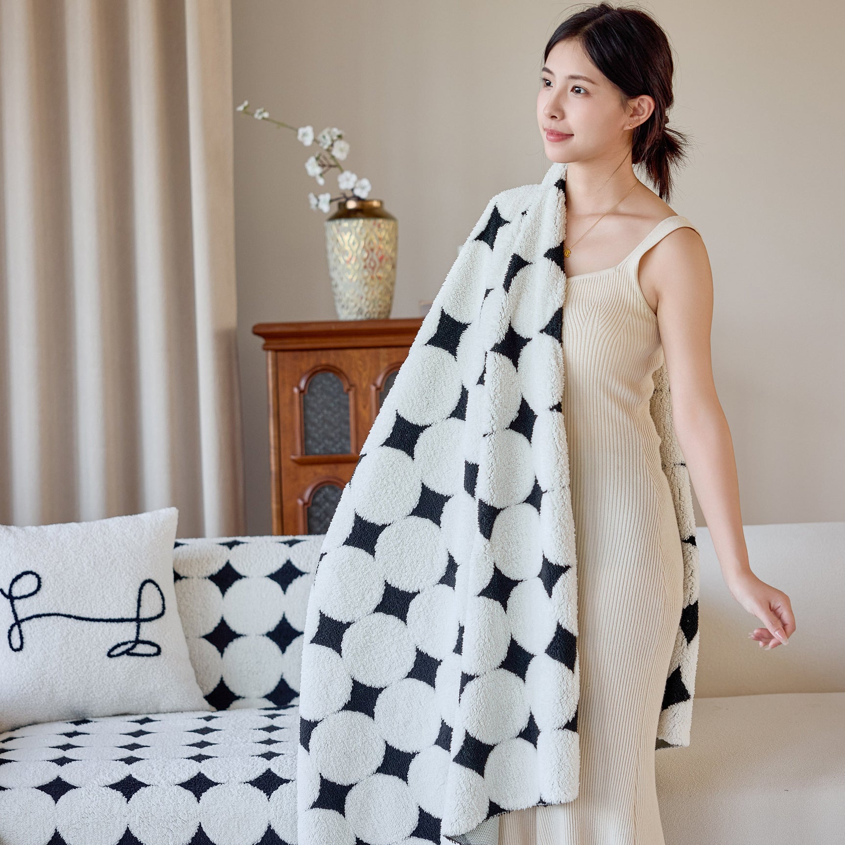 Geometric Jacquard Plush Warm Sofa Couch Cover Coral Fleece Throw Blanket for Couch