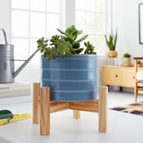 Alisal Sky Blue Small Striped Planter with Wood Stand