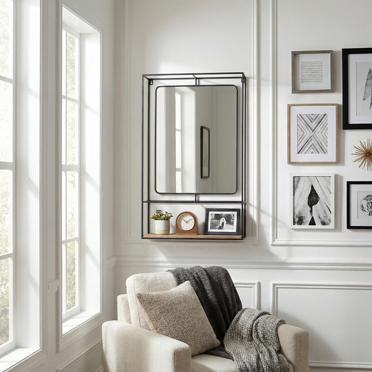 Foresta Black/Brown Large Metal and Wood Wall Shelf with Mirror