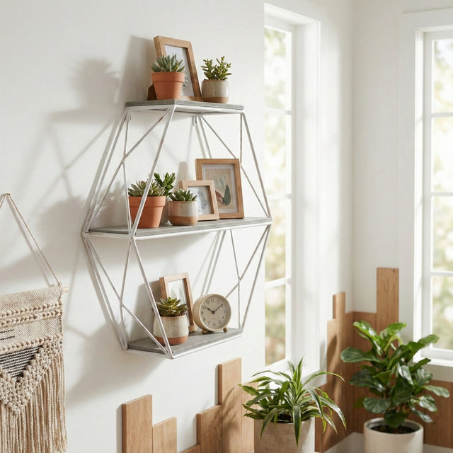 Jackson Gray/White Metal and Wood 3 Tier Hexagon Wall Shelf