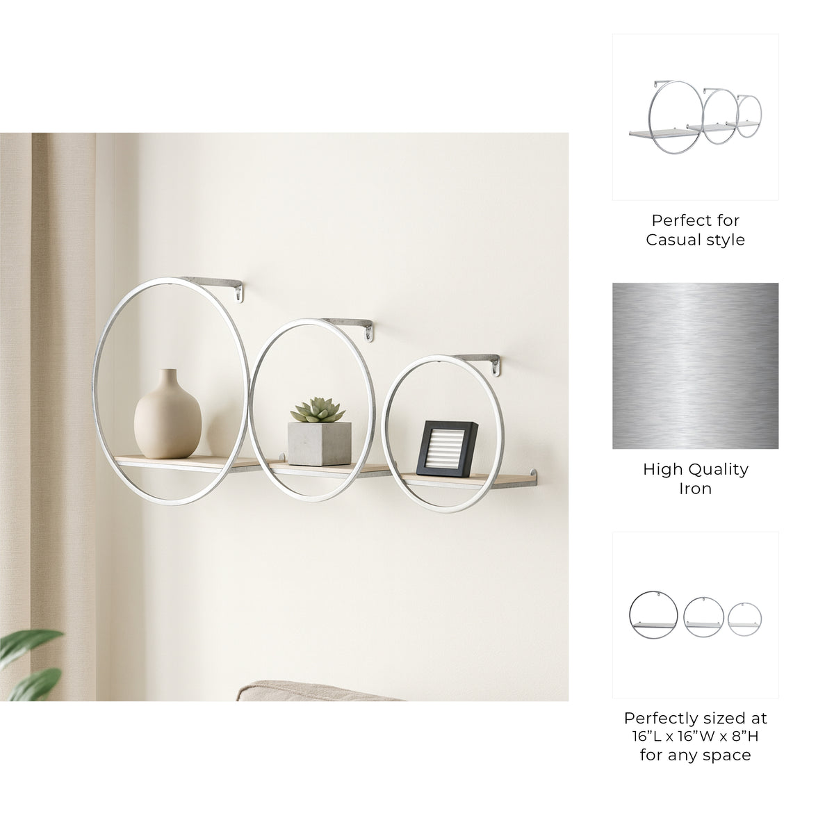 Grenada White/Silver Wood and Metal Wall Shelves (Set of 3)