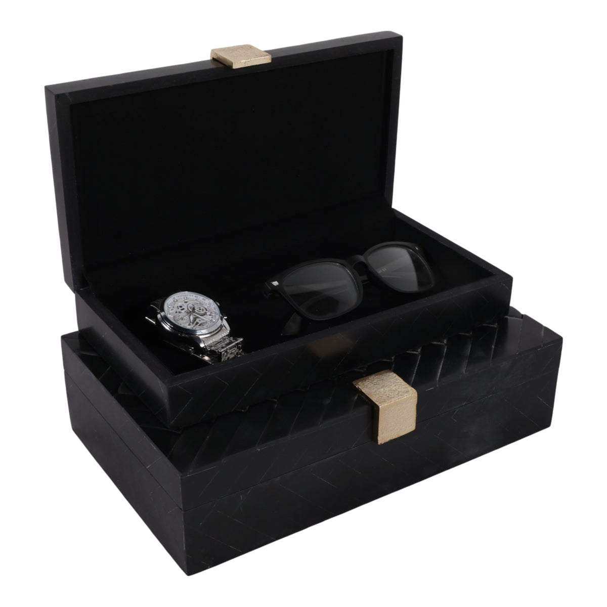 Volta Black/Gold Weave Design Boxes with Hardware (Set of 2)