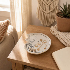 Haltonwell White/Black/Gold Cat Nap Trinket Tray with Detail