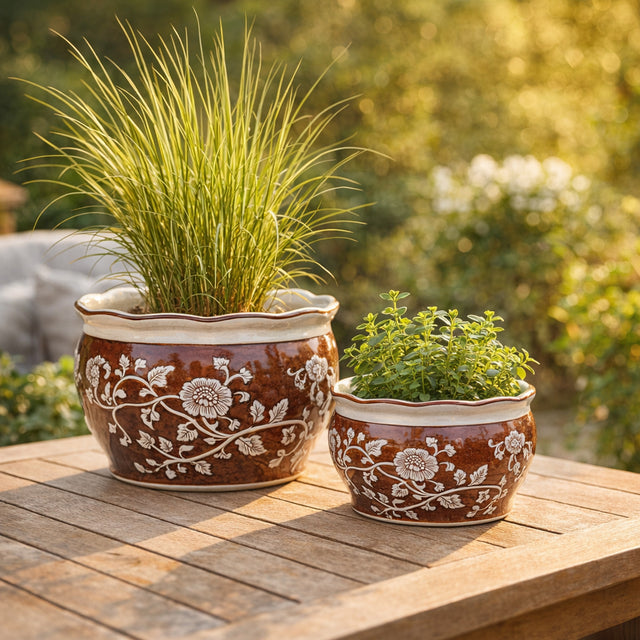 Henleydale Brown/White Chinoiserie Vines Planters (Set of 2)