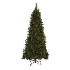 7.5’ Norway Mixed Pine Artificial Christmas Tree with 450 Clear LED Lights, Pine Cones and Berries - Ornate Home