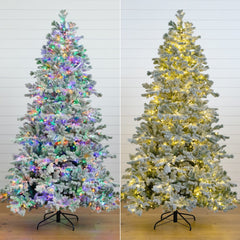 7.5’ Pre-Lit Artificial California Flocked Spruce Christmas Tree with 1000 Color Changing LED Lights - Ornate Home