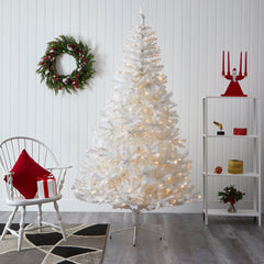7.5' White Artificial Christmas Tree with 1380 Bendable Branches and 400 Clear LED Lights - Ornate Home