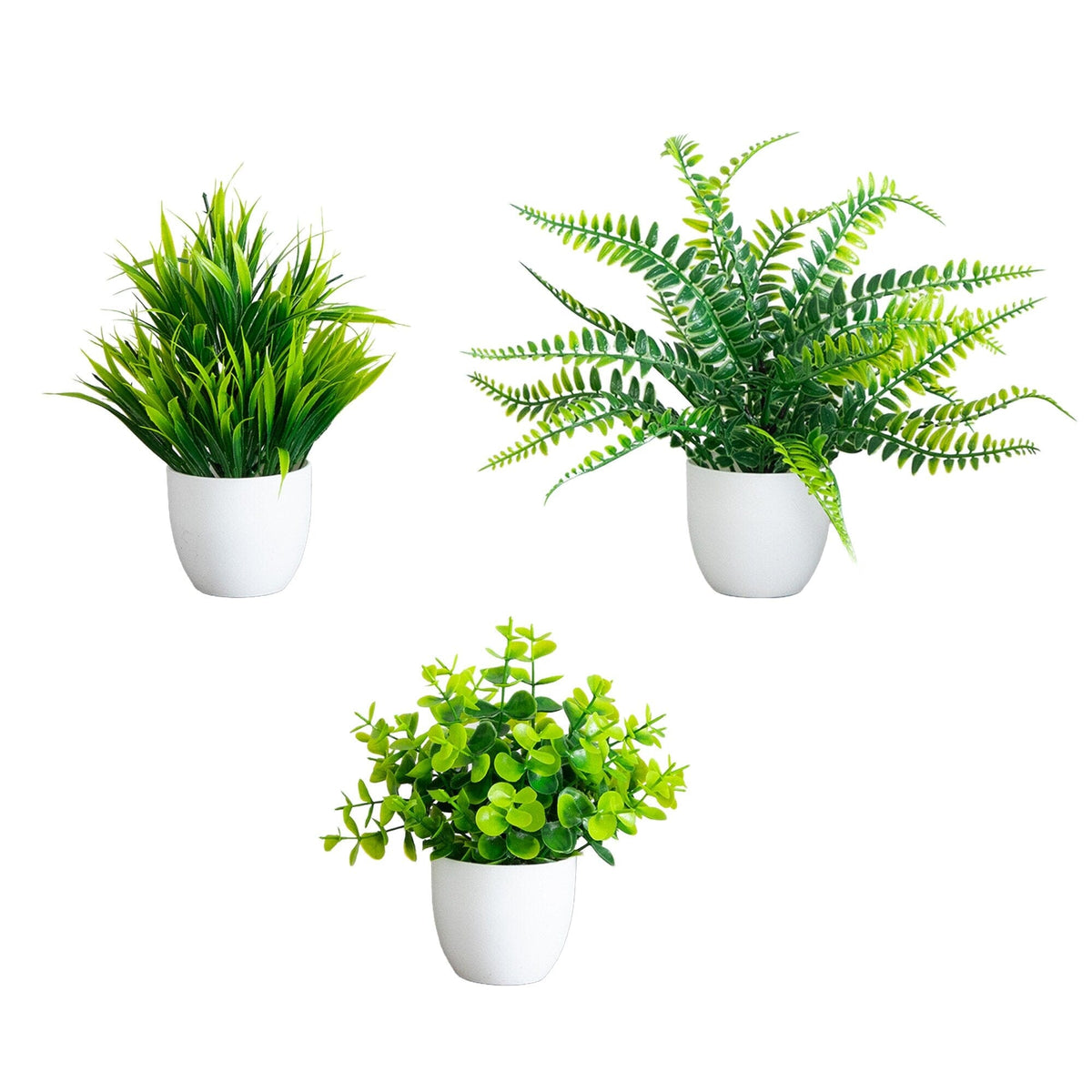 7” Artificial Mixed Evergreen Plant in White Round Pot - Set of 3