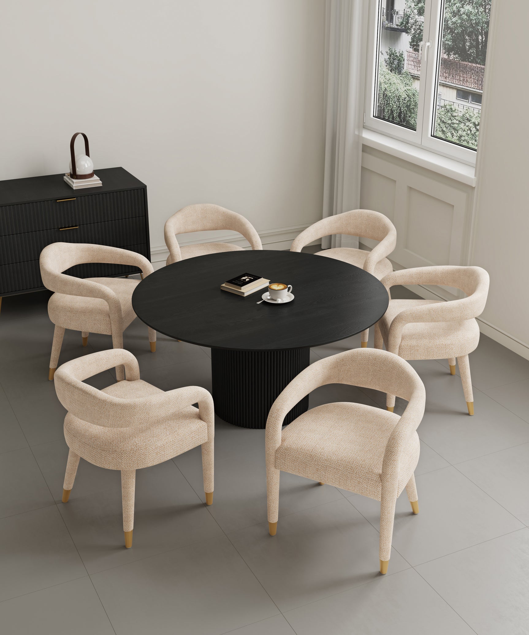 7-Piece Hathaway 59.05 Round Dining Set in Black with 6 Aspen Dining Chairs in Gold Dust - Ornate Home
