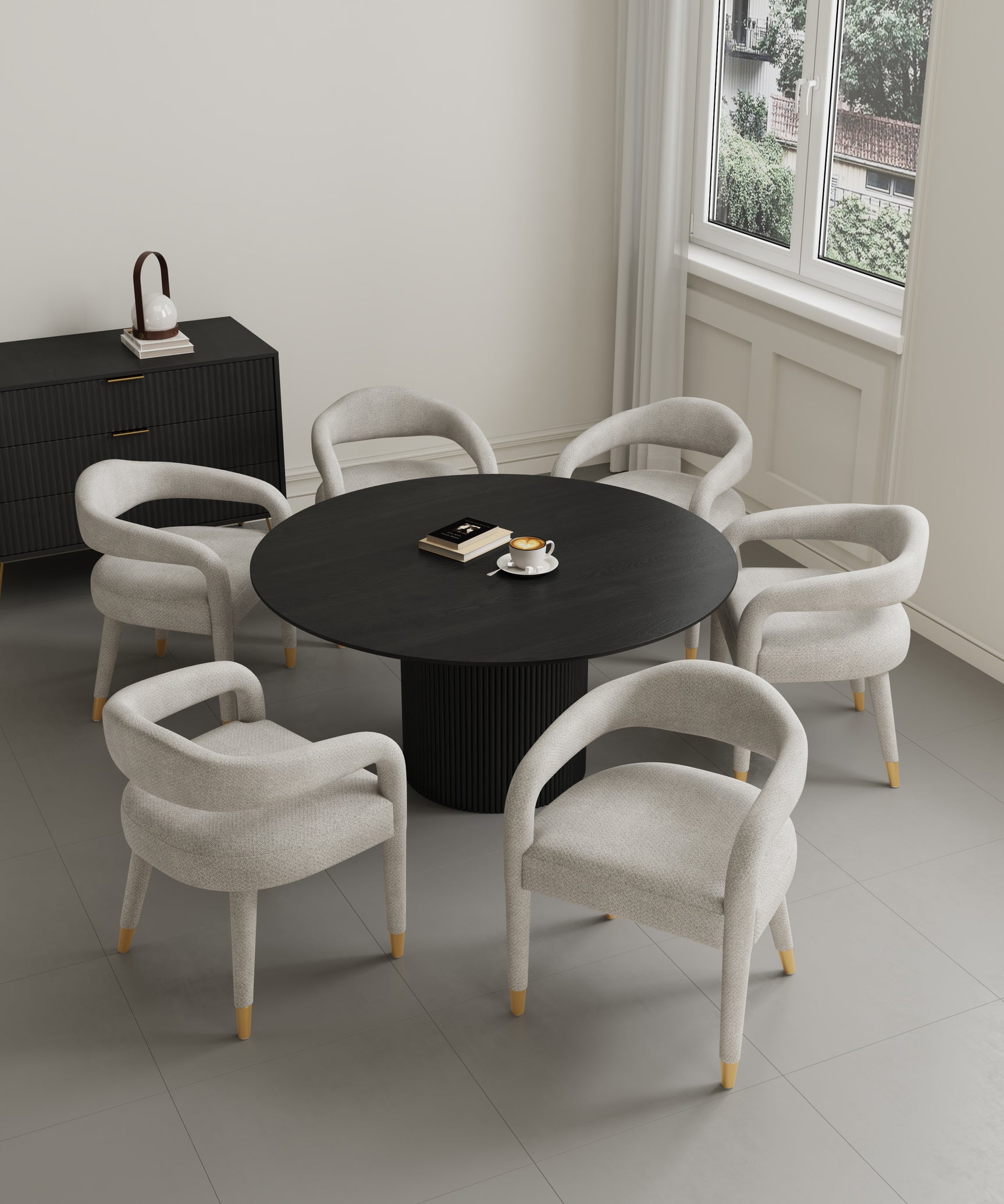 7-Piece Hathaway 59.05 Round Dining Set in Black with 6 Aspen Dining Chairs in Silver Lining - Ornate Home