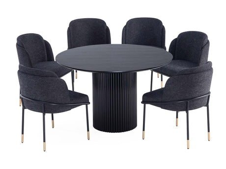 7-Piece Hathaway 59.05 Round Dining Set in Black with 6 Flor Dining Chairs in Black - Ornate Home