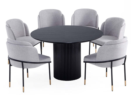 7-Piece Hathaway 59.05 Round Dining Set in Black with 6 Flor Dining Chairs in Grey - Ornate Home