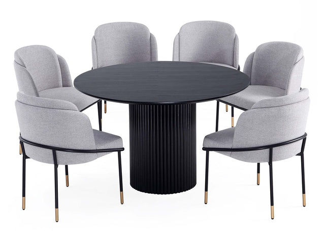 7-Piece Hathaway 59.05 Round Dining Set in Black with 6 Flor Dining Chairs in Grey - Ornate Home