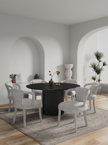 7-Piece Hathaway 59.05 Round Dining Set in Black with 6 Flor Dining Chairs in Silver Lining - Ornate Home