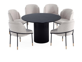 7-Piece Hathaway 59.05 Round Dining Set in Black with 6 Flor Dining Chairs in Wheat - Ornate Home