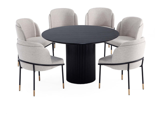 7-Piece Hathaway 59.05 Round Dining Set in Black with 6 Flor Dining Chairs in Wheat - Ornate Home