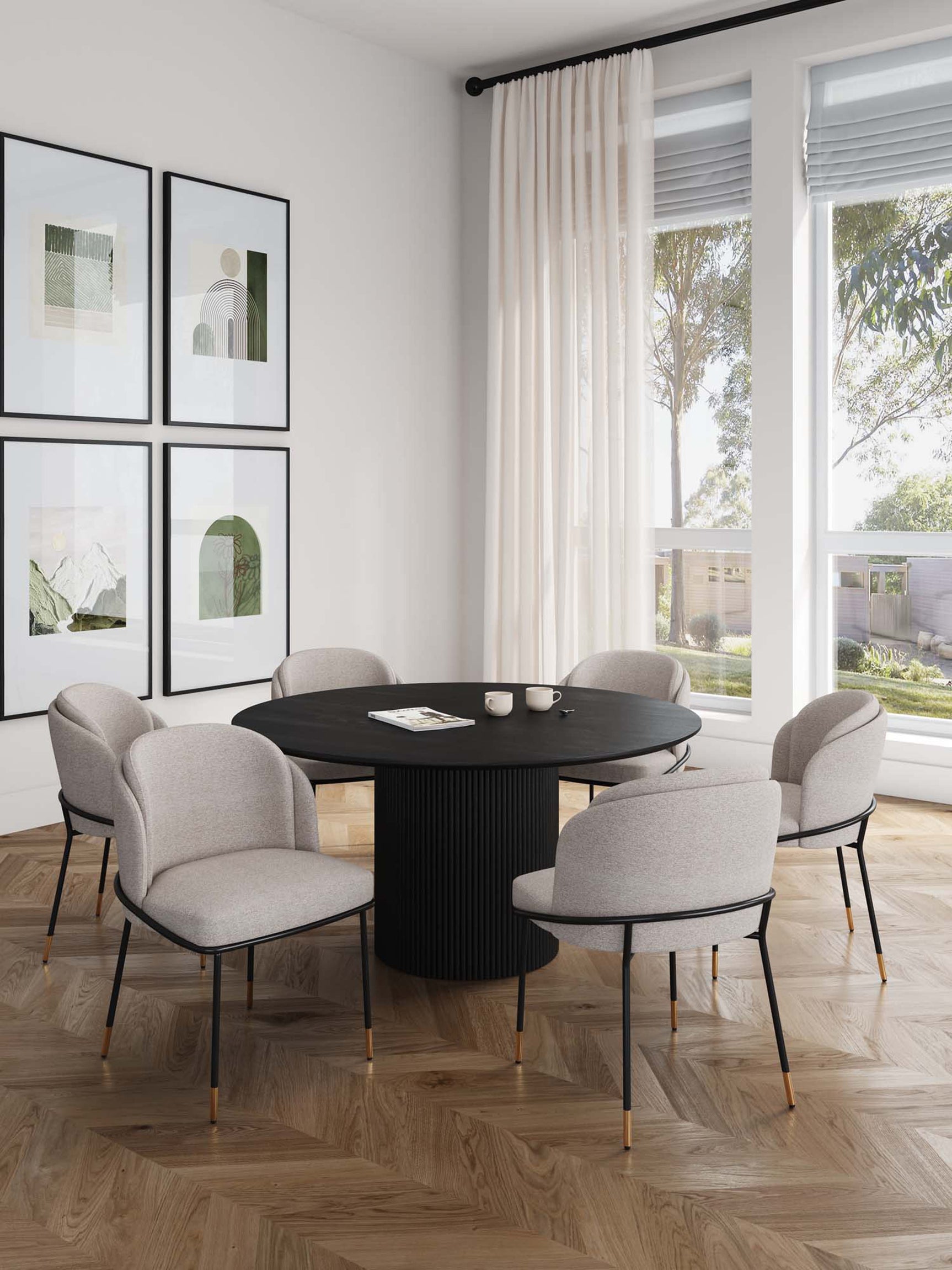 7-Piece Hathaway 59.05 Round Dining Set in Black with 6 Flor Dining Chairs in Wheat - Ornate Home