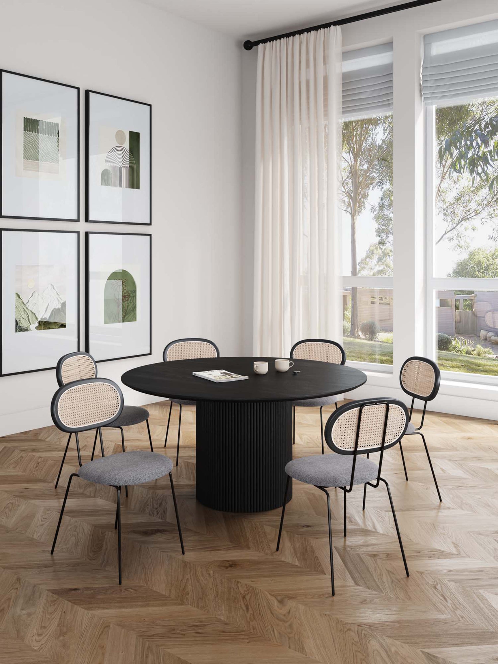7-Piece Hathaway 59.05 Round Dining Set in Black with 6 Jardin Dining Chairs - Ornate Home
