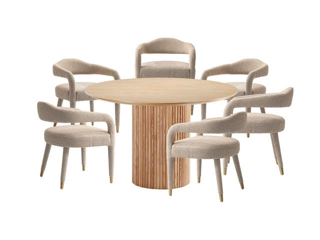 7-Piece Hathaway 59.05 Round Dining Set in Natural with 6 Aspen Dining Chairs in Gold Dust - Ornate Home