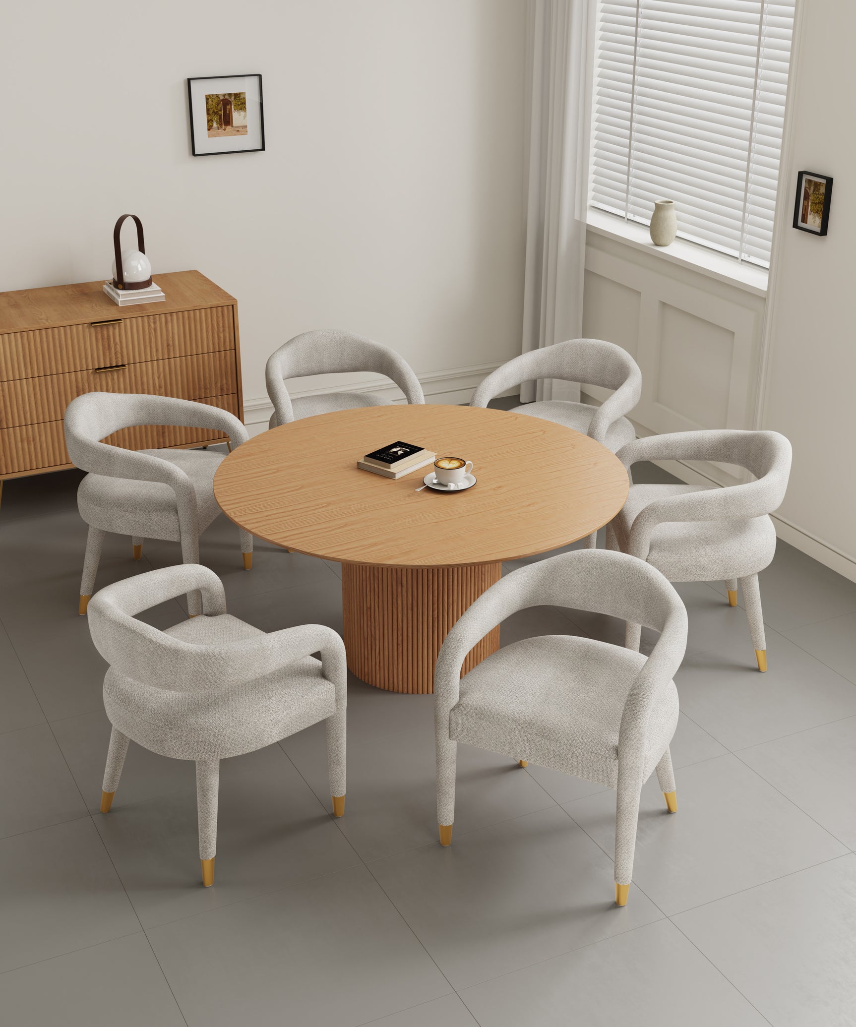 7-Piece Hathaway 59.05 Round Dining Set in Natural with 6 Aspen Dining Chairs in Silver Lining - Ornate Home