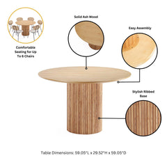 7-Piece Hathaway 59.05 Round Dining Set in Natural with 6 Aspen Dining Chairs in Silver Lining - Ornate Home