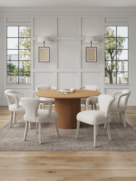 7-Piece Hathaway 59.05 Round Dining Set in Natural with 6 Flor Dining Chairs in Ivory - Ornate Home
