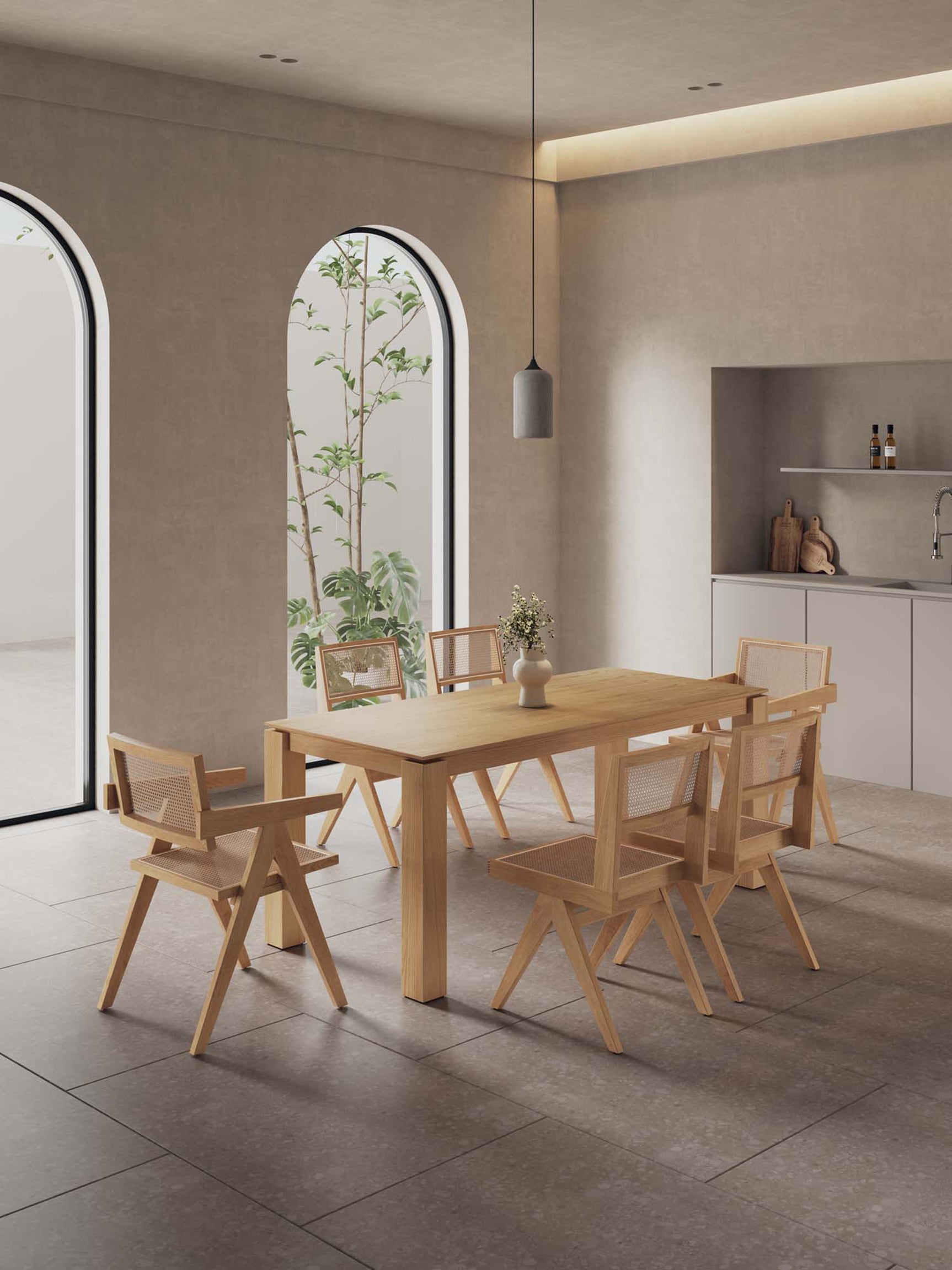 7-Piece Rockaway 70.86 Dining Set in Nature with 6 Hamlet Side and Arm Chairs - Ornate Home