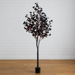 7' Pre-Lit Artificial Halloween Black Eucalyptus Tree with 420 Orange & Purple LED Lights - Ornate Home