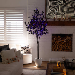 7' Pre-Lit Artificial Halloween Black Eucalyptus Tree with 420 Orange & Purple LED Lights - Ornate Home