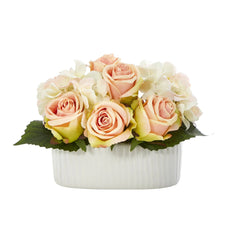 7” Rose and Hydrangea Artificial Arrangement in White Vase - Ornate Home