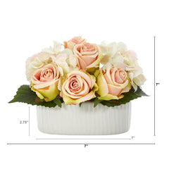 7” Rose and Hydrangea Artificial Arrangement in White Vase - Ornate Home