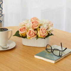 7” Rose and Hydrangea Artificial Arrangement in White Vase - Ornate Home
