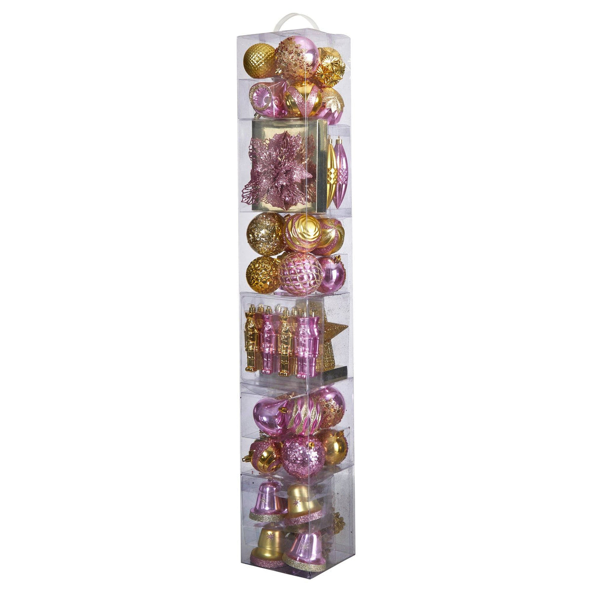 70 Pink and Gold Shatterproof Christmas Tree Ornament Set with Re-Useable Container