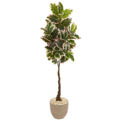 70” Variegated Rubber Leaf Artificial Tree in Sandstone Planter (Real Touch) - Ornate Home