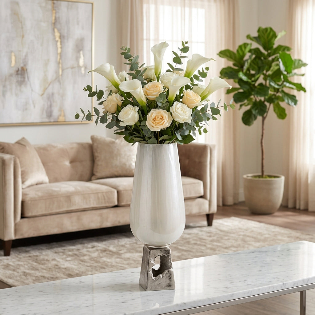 Perry Pearl/White Glass Vase with Metal Base