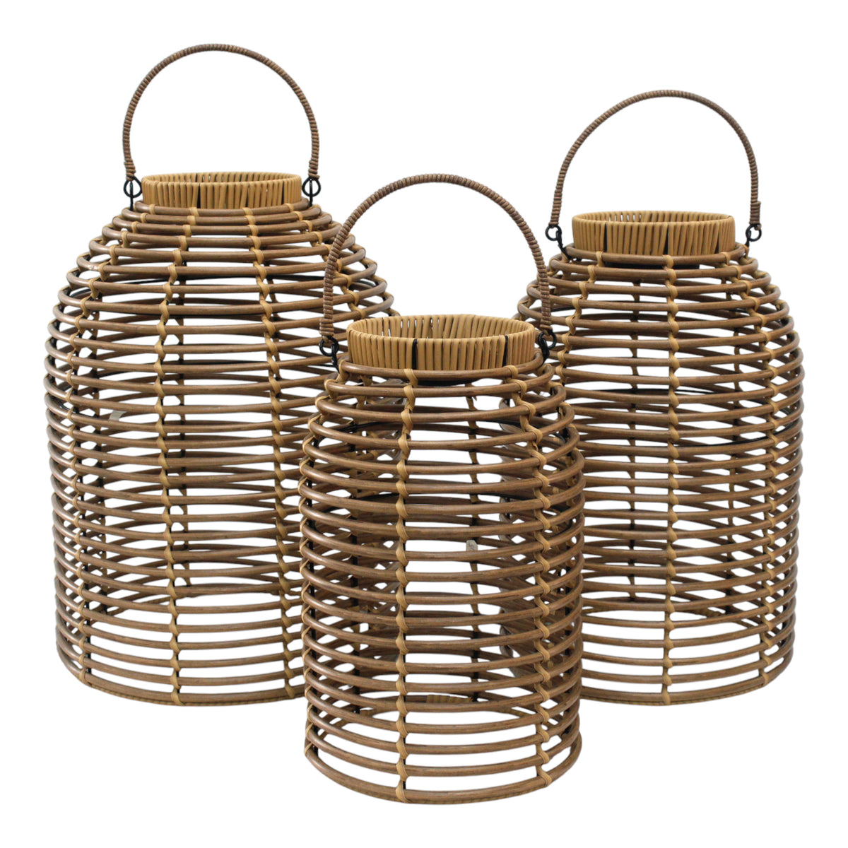 Avery Natural Modern Solar Poly Rattan Lanterns (Set of 3)