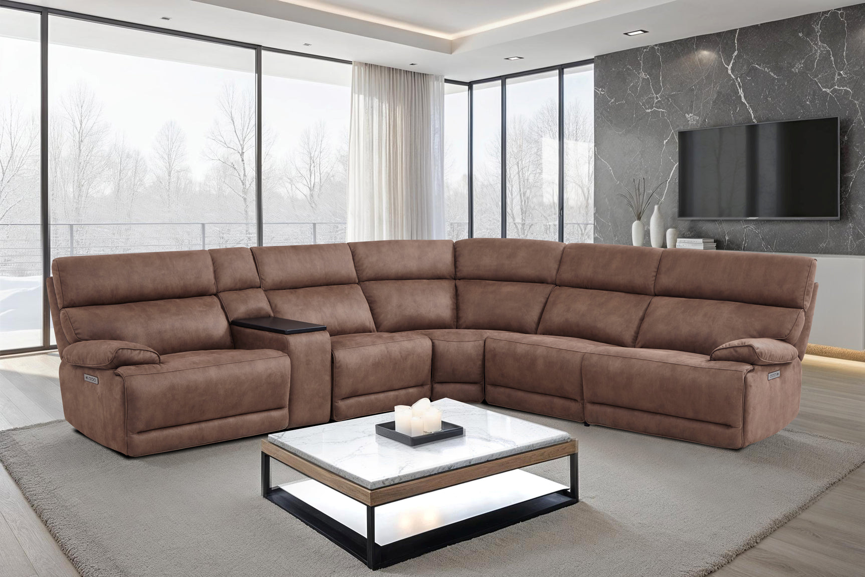 MaxView Media Mocha 6-Piece Power Reclining Sectional with Immersive Sound System
