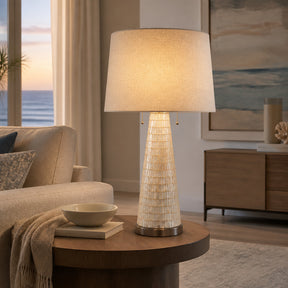 Englewood White/Gray Shell Table Lamp with Tapered Drum Linen Lampshade