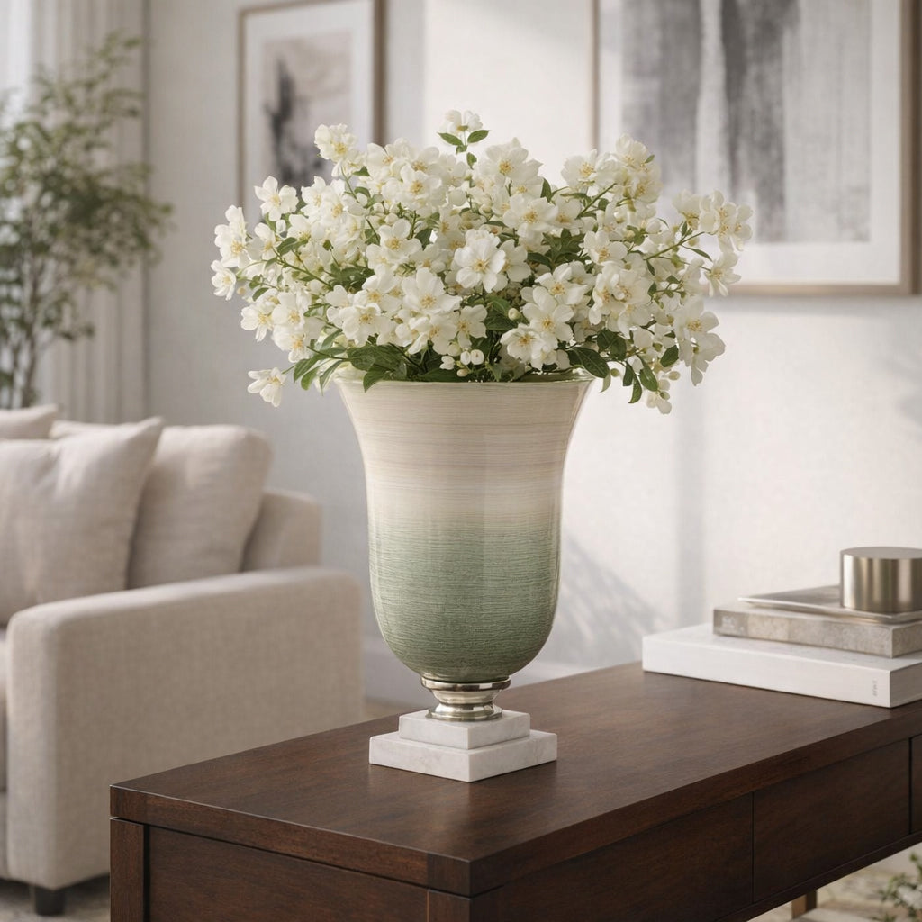 Vale Sage/Ivory Small Glass Vase on Marble Base