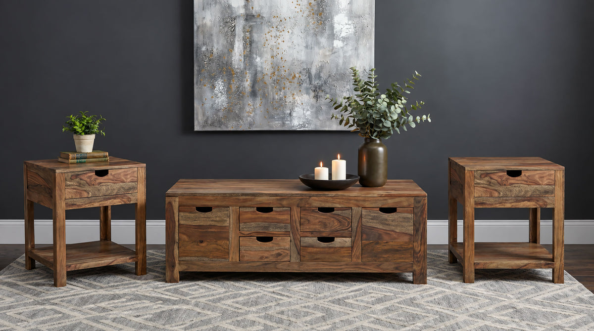 Esther Natural 3-Piece Solid Sheesham Coffee And End Table Set