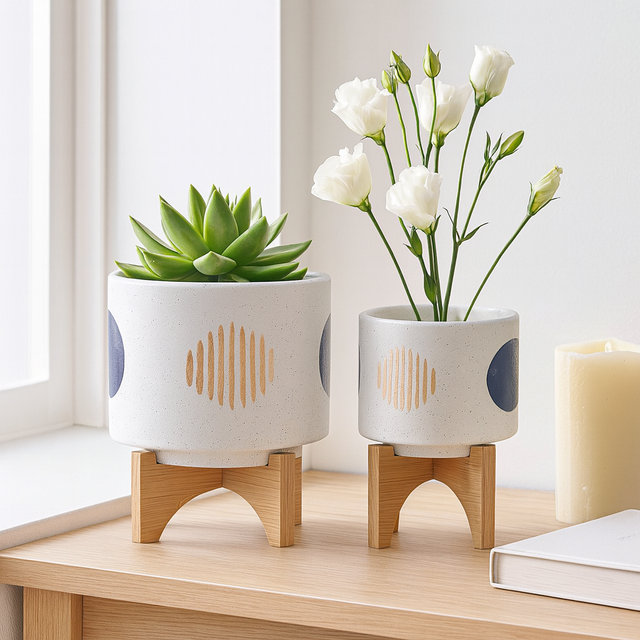 Clotho White Funky Planters with Stand (Set of 2)