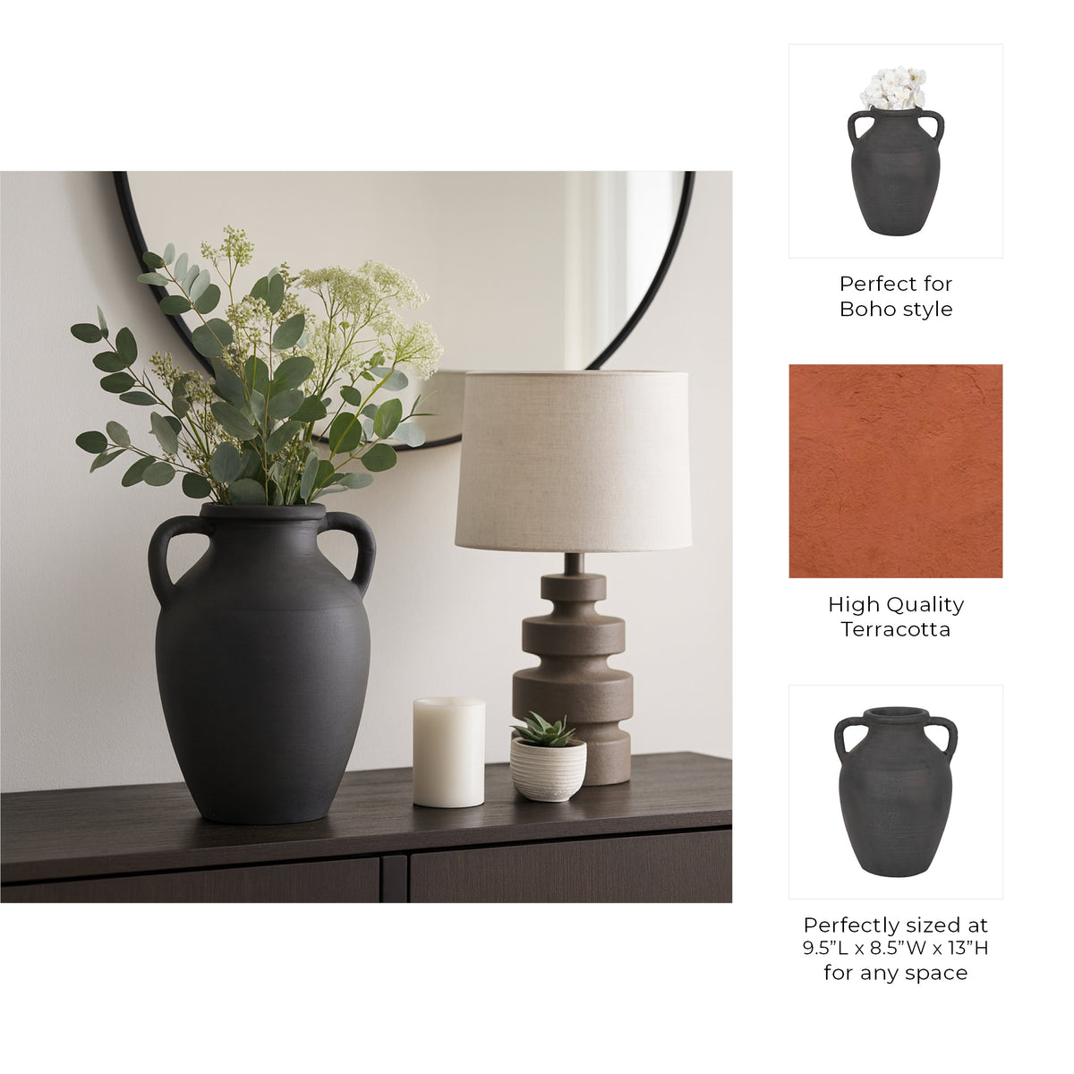 Drakewell Black Terracotta Vase with Handles