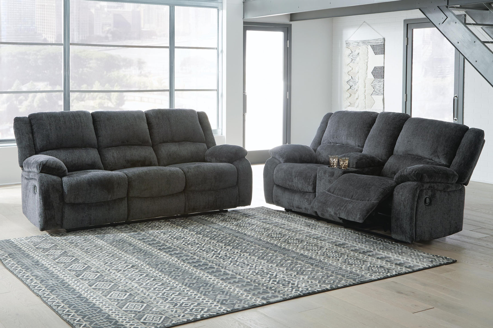 Draycoll Slate Reclining Sofa and Loveseat (Online Special Price)
